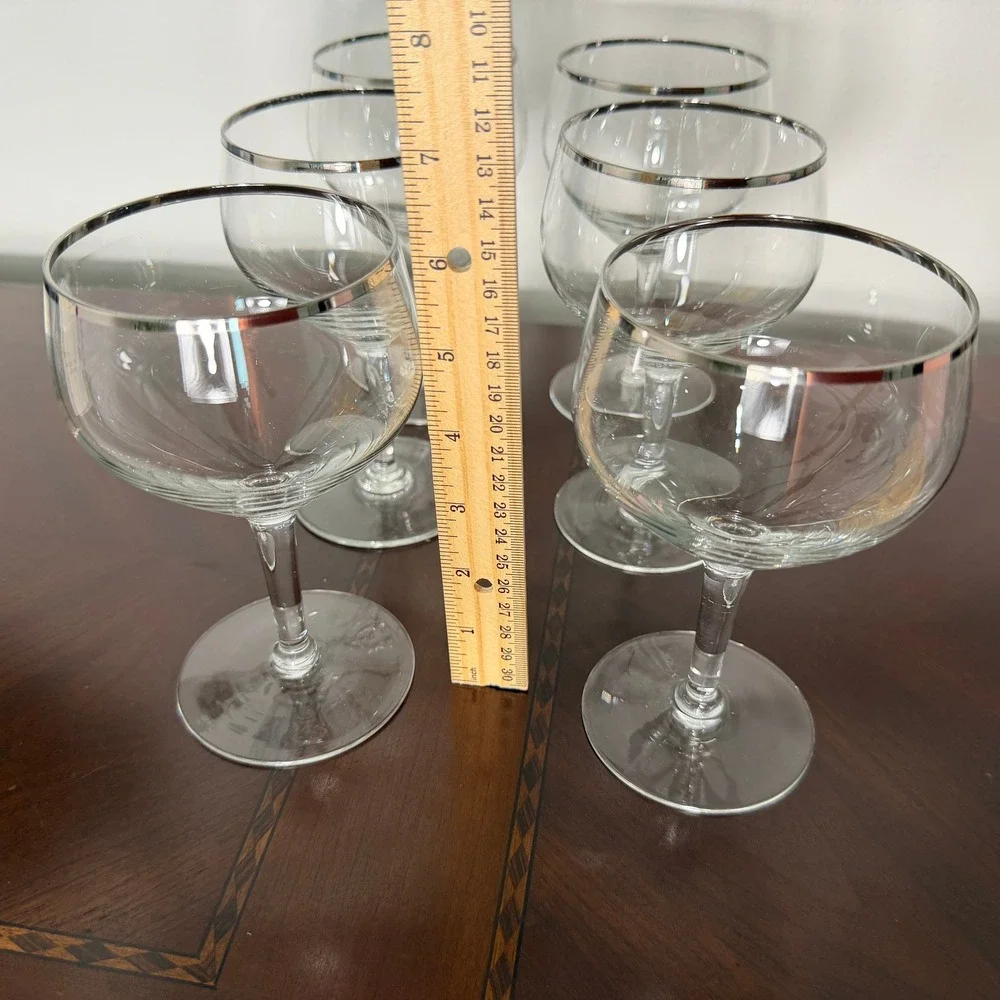 Vintage Silver Rim Coupe Glasses Set of 6 MCM Cocktail Stemware Retro Barware